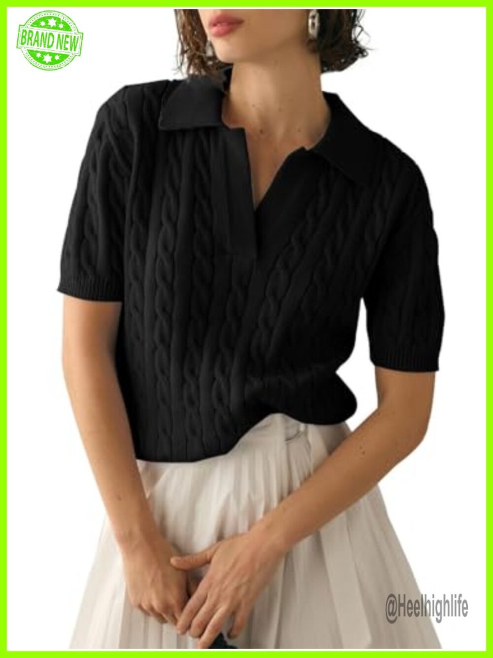 Womens Cable Knit Short Sleeve V Neck Pullover Sweater Collared Casual Top